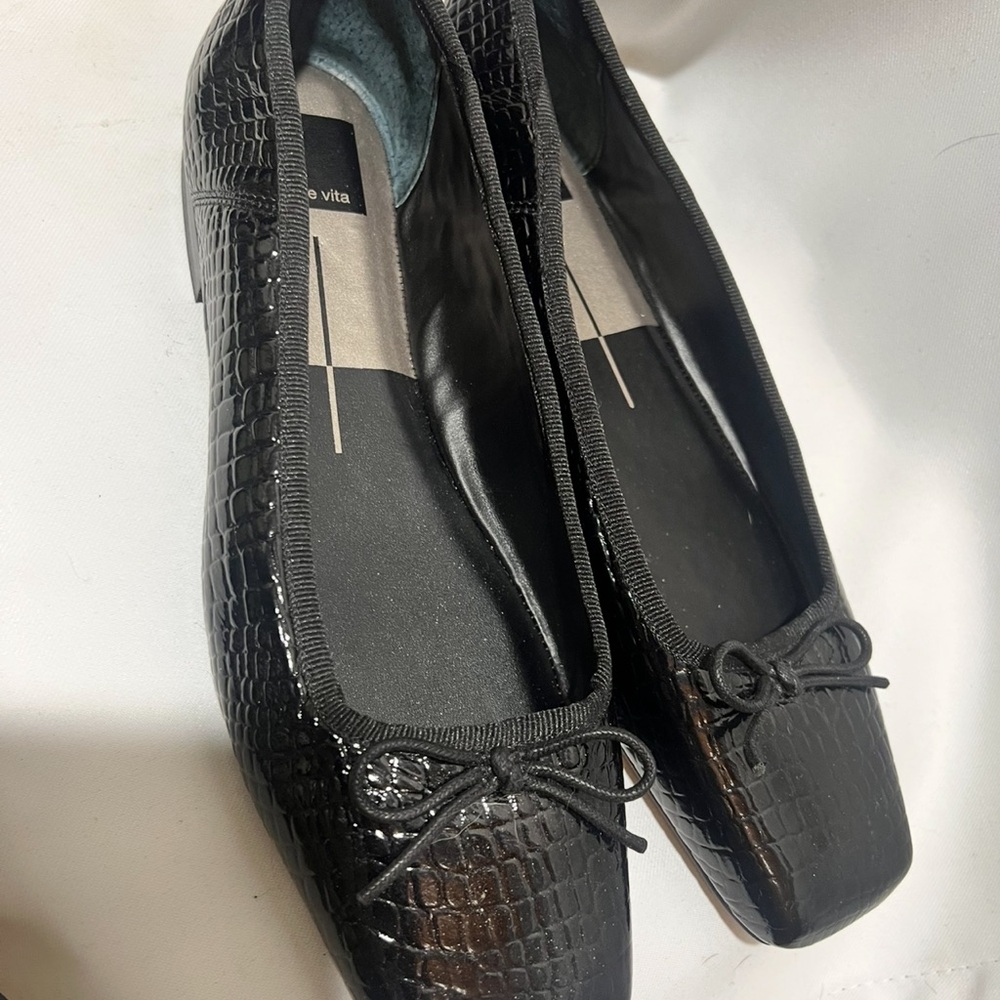 Dolce Vita Black Croc Embossed Ballet Flats Square Toe Bow Loafers Size 9 - Picture 5 of 7
